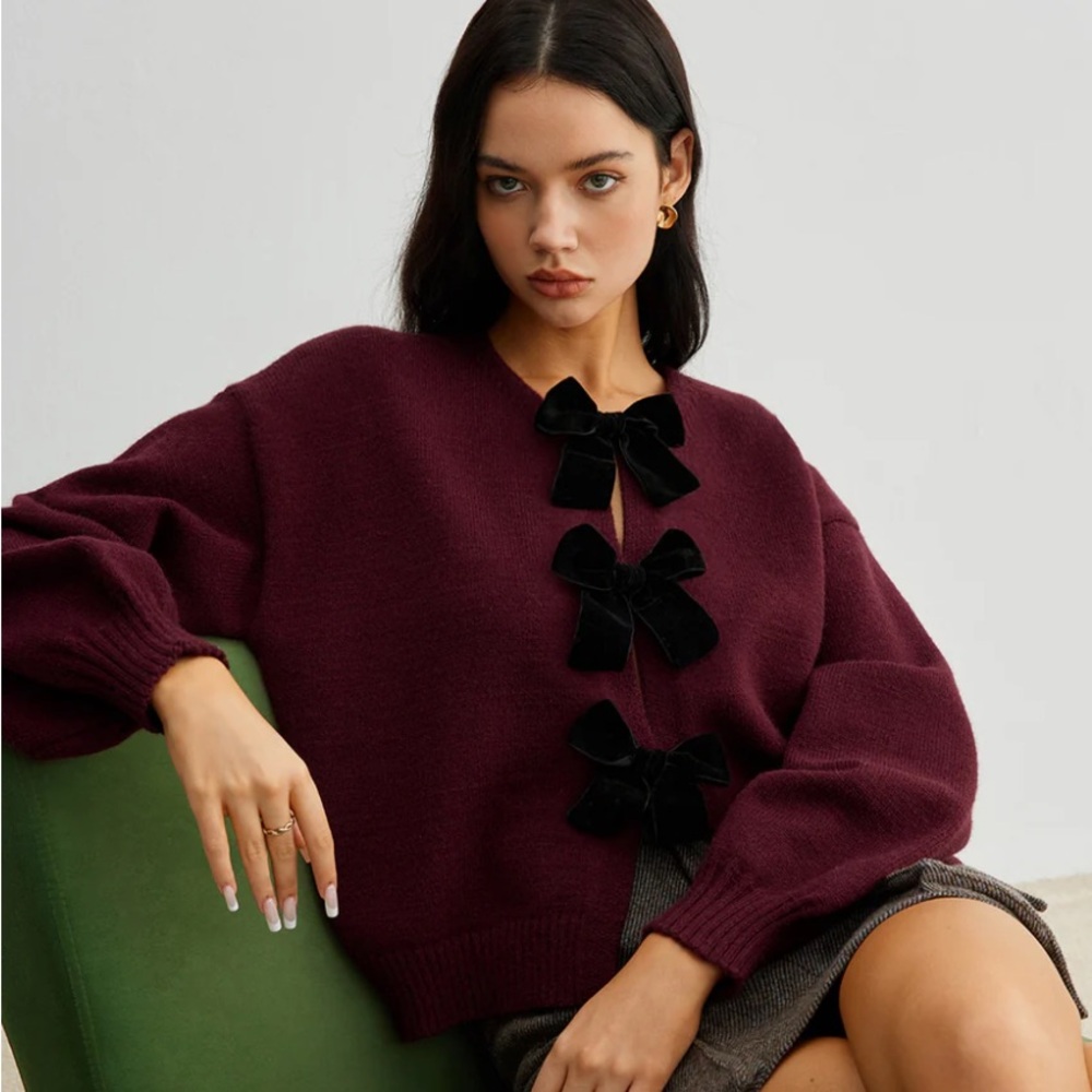 Commense NWT Burgundy Cardigan with Black Velvet Bow Details in XS